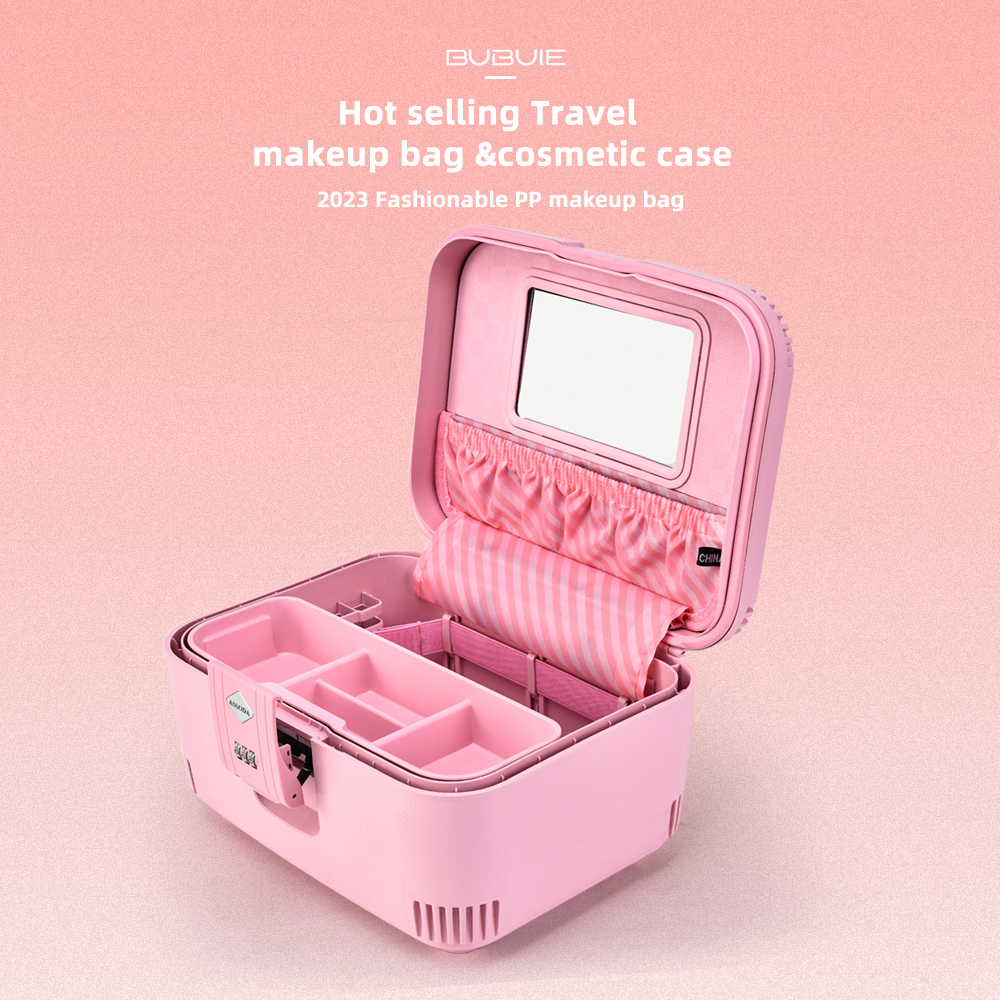 PP Hard Side Travel Cosmetic Make Up Case For Women fashion cosmetic box with mirror 14 inch inexpensive travel case